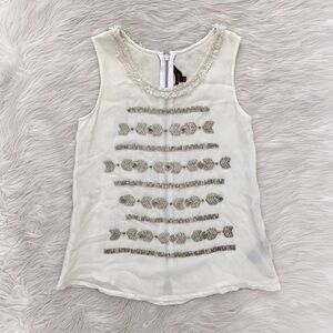 Ranna Gill Anthropologie Sheer Cream Silver Beaded Stud Tweed Tank Top Petite